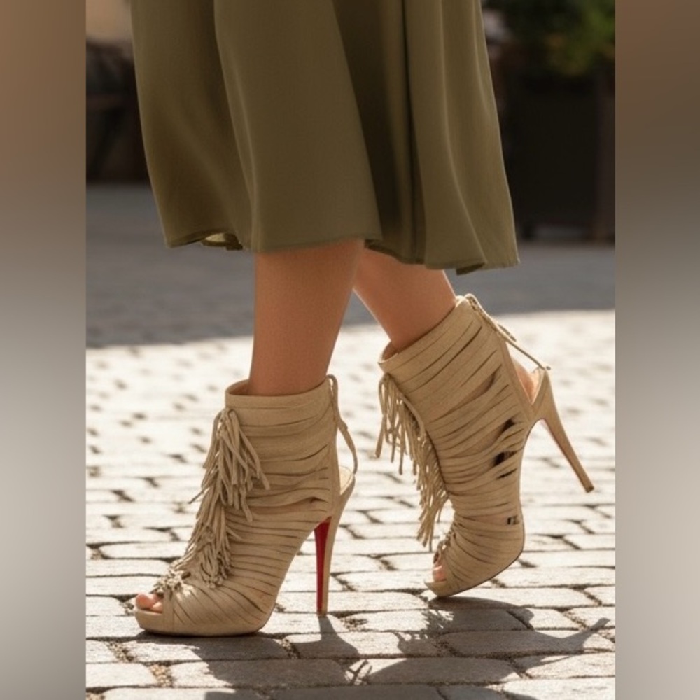 Christian Louboutin Deva 120 suede fringe peep-toe ankle booties beige size 37.5